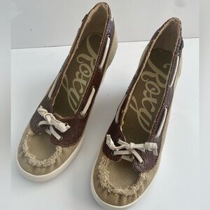 Roxy Overboard Tan Canvas Wedge Boat Shoes Women's Size 7.5